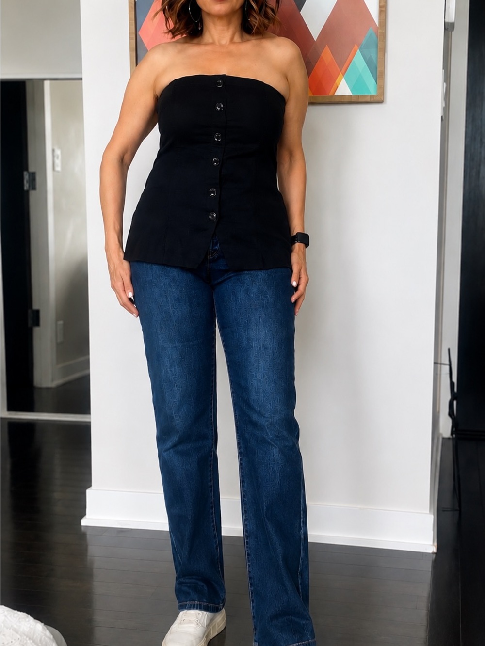 Abercrombie & Fitch Black Strapless Button-Up Top